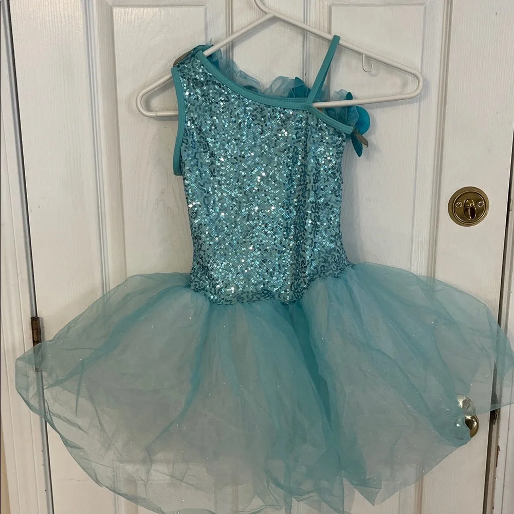 Weissman Blue Sequin Tulle dance costume with Floral Accents